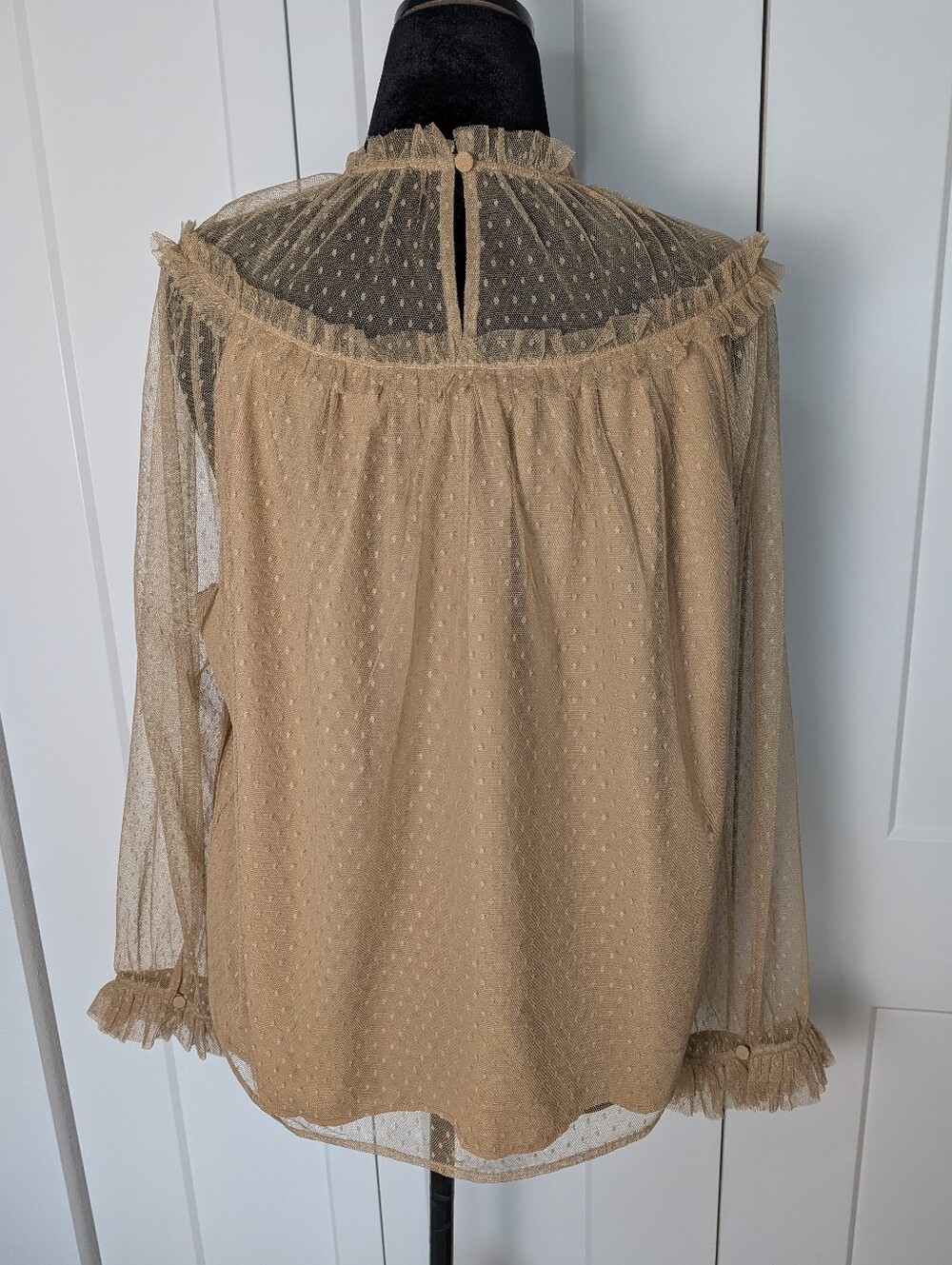 J.CREW Womens Sheer Lace Polka Dot Ruffle Long Sleeve Button Blouse 2XL Beige - Picture 5 of 10